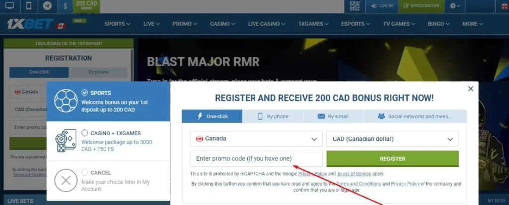 Options for entering a 1xbet promo code: 1. One Click