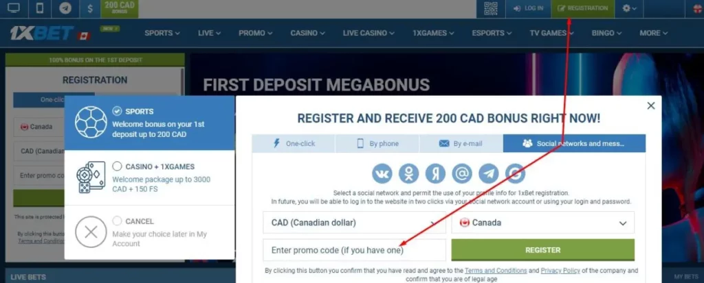 Options for entering a 1xbet promo code: 4. Social Networks